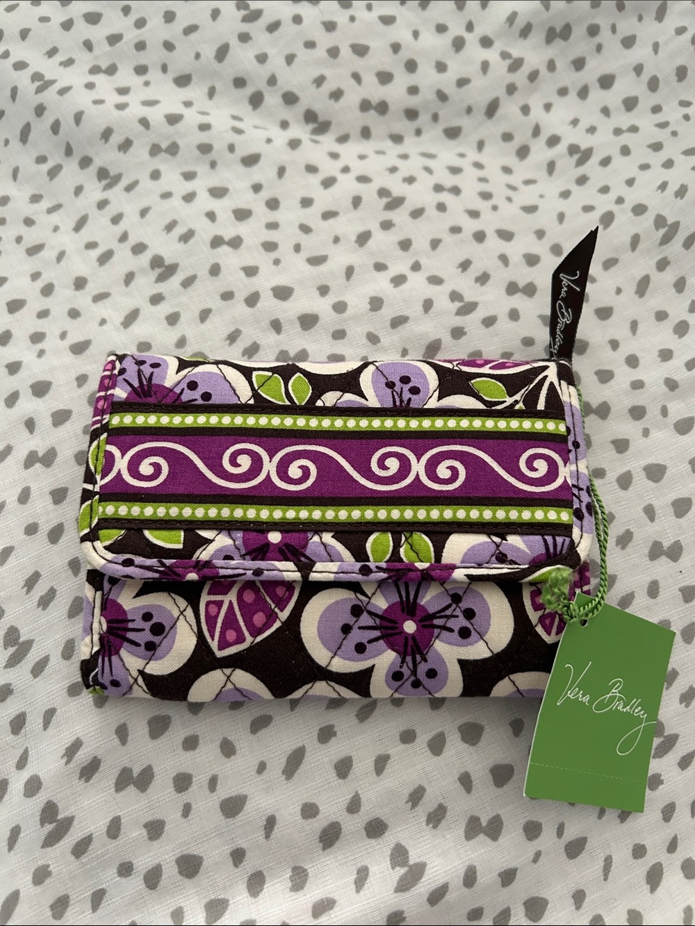 Vera Bradley Purple Floral Pattern Quilted Wallet with Green Accents